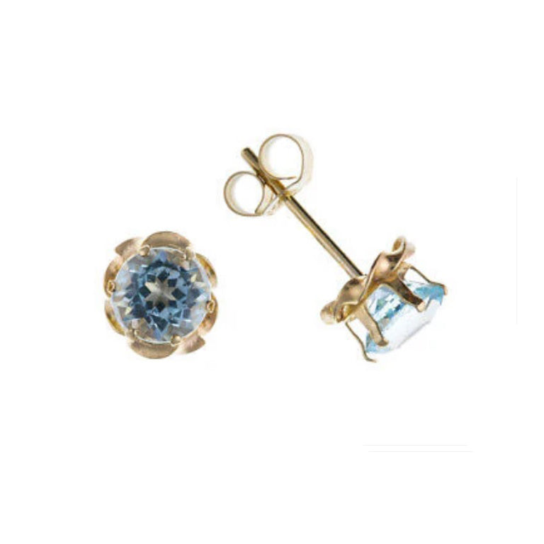 9ct Gold Blue Topaz Stud Earrings 5mm Solitaire Yellow Gold November Birthstone