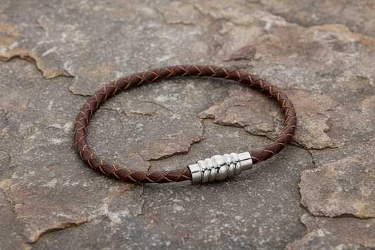 Fred Bennett Stainless Steel Skinny Brown Leather Magnetic Bracelet 21cm
