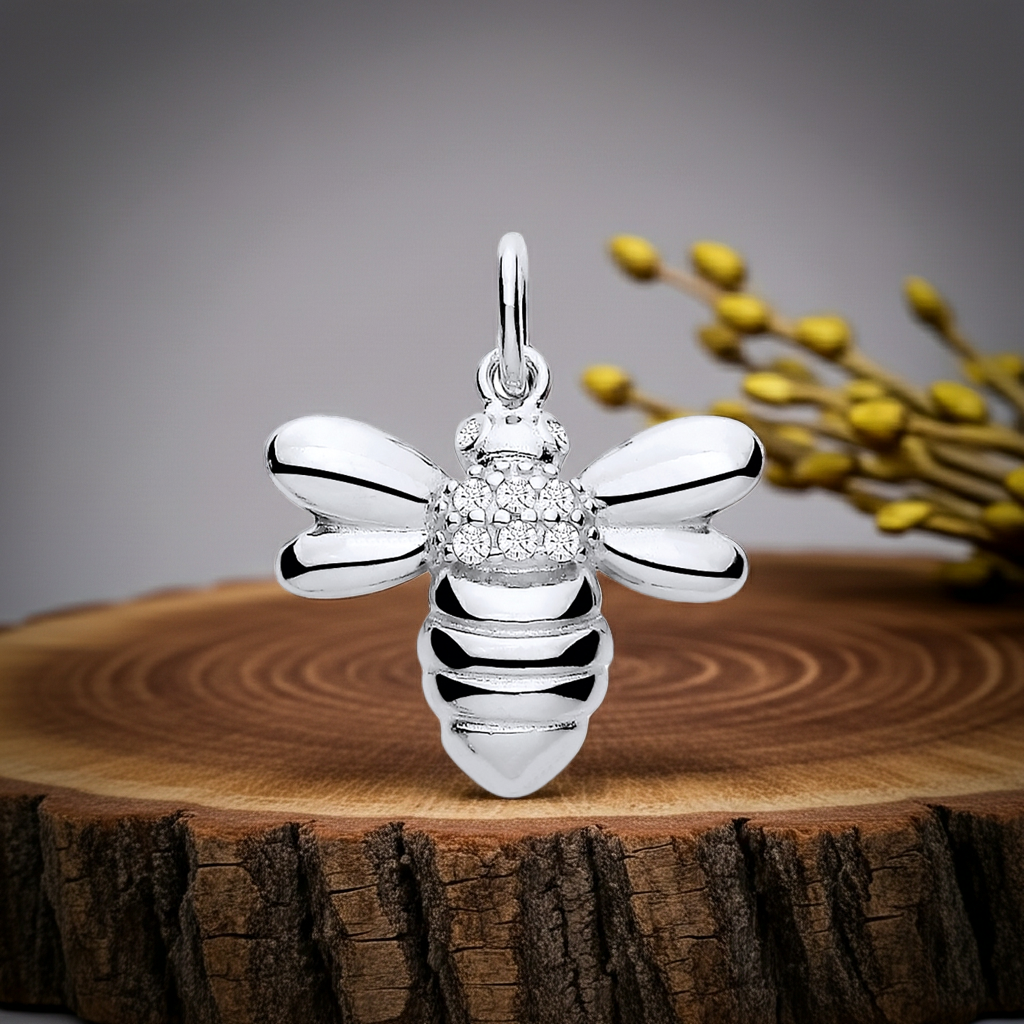 Elegant silver necklace featuring a Bumble Bee Pendant with intricate detailing and a polished finish