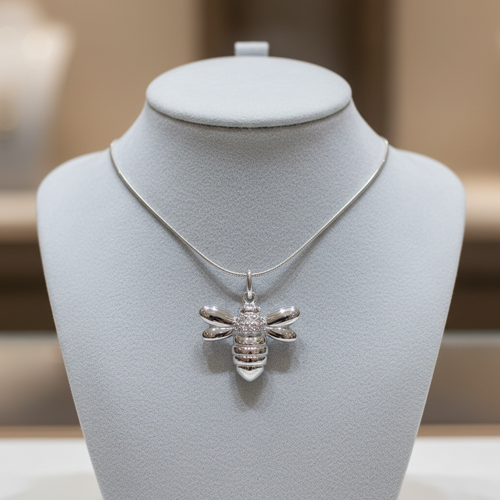 Elegant Silver Necklace featuring a Bumble Bee Pendant on a display stand