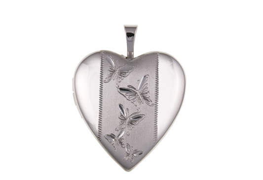 J R Jewellery Butterfly Design Heart Locket in Silver with Intricate Butterfly Engravings