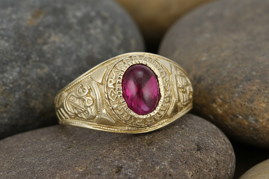 9ct Yellow Gold Red Cabochon College Ring Hallmarked Graduation