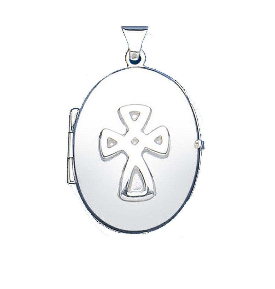 Celtic Cross Oval Locket in polished silver with intricate cross design for personal keepsakes