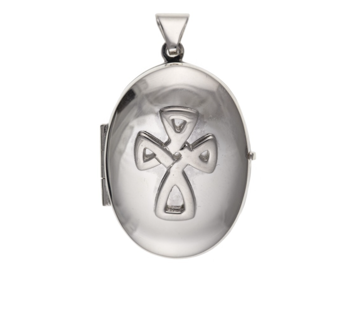 Celtic Cross Oval Locket in polished silver with intricate engravings for personal keepsakes