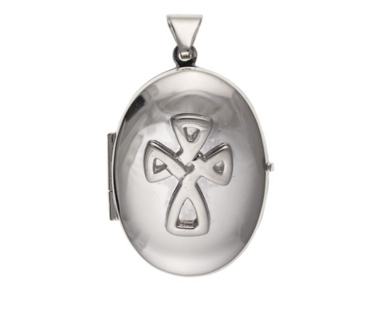 Celtic Cross Oval Locket in polished silver with intricate engravings for personal keepsakes