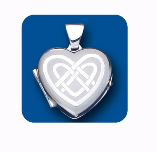 Celtic Design Heart Locket in polished silver featuring intricate knot detailing