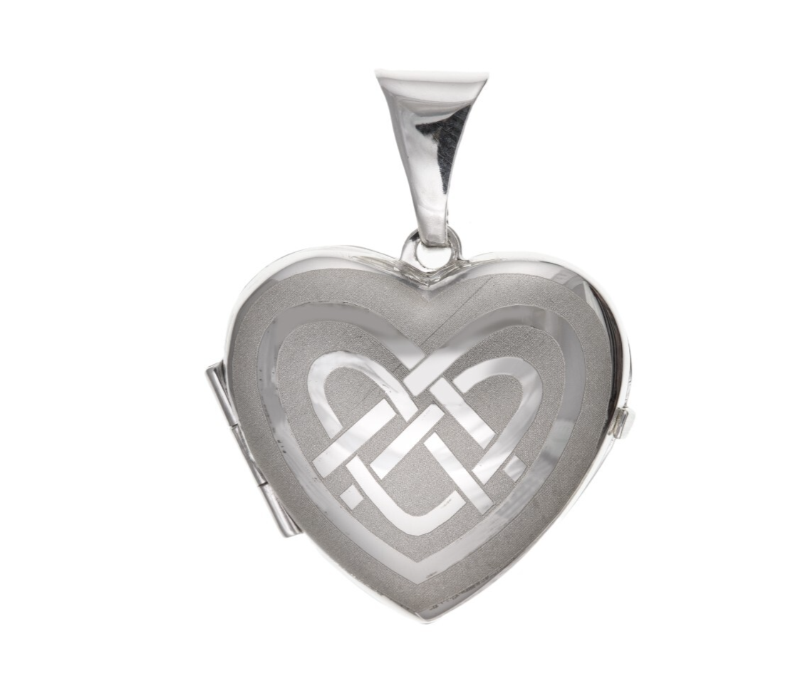 Celtic Design Heart Locket in silver with intricate knot pattern and a polished finish