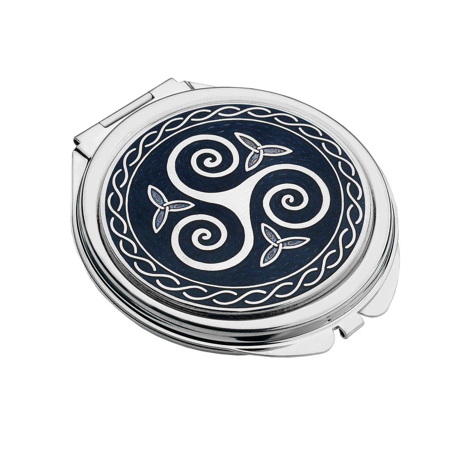 J R Jewellery celtic compact mirror silver plated with triskelion design on navy enamel and polished finish