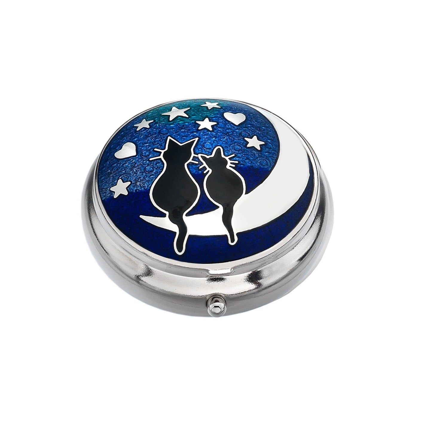 J R Jewellery silver plated cat pill box with blue enamel moon design and two cat silhouettes