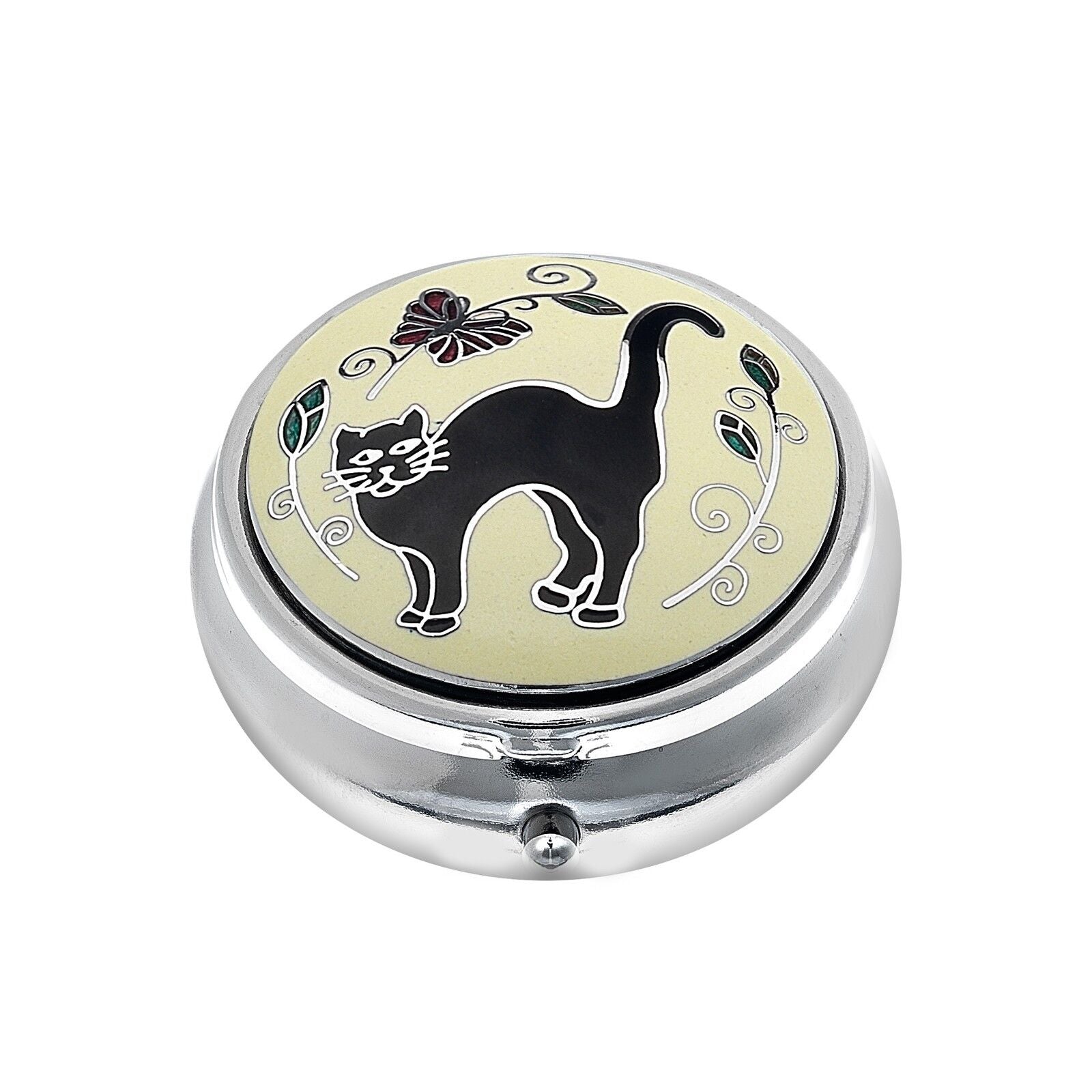 J R Jewellery silver plated cat pill box with black cat enamel design and floral accents on cream lid