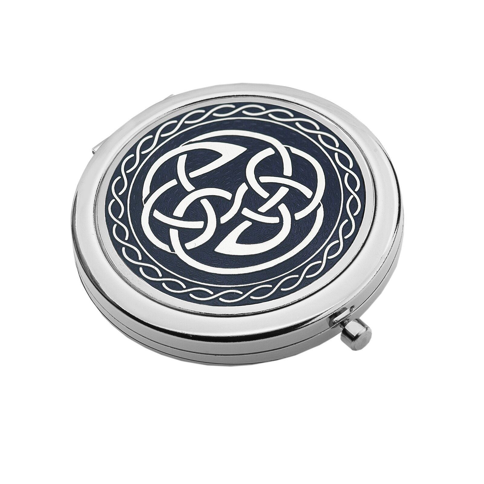 J R Jewellery silver plated Celtic knot compact mirror round polished case with navy enamel Celtic design for handbag