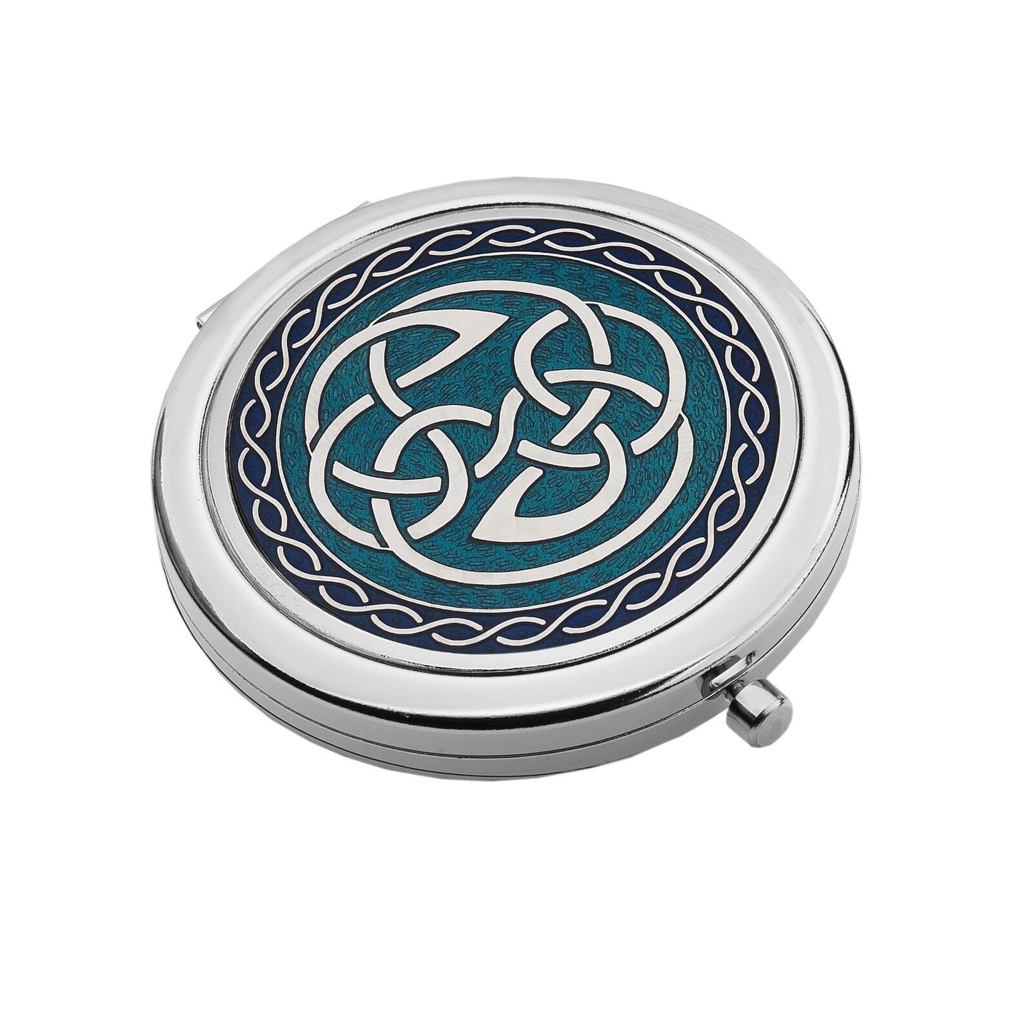 J R Jewellery silver plated Celtic knot compact mirror round polished metal case with teal and navy enamel Celtic design