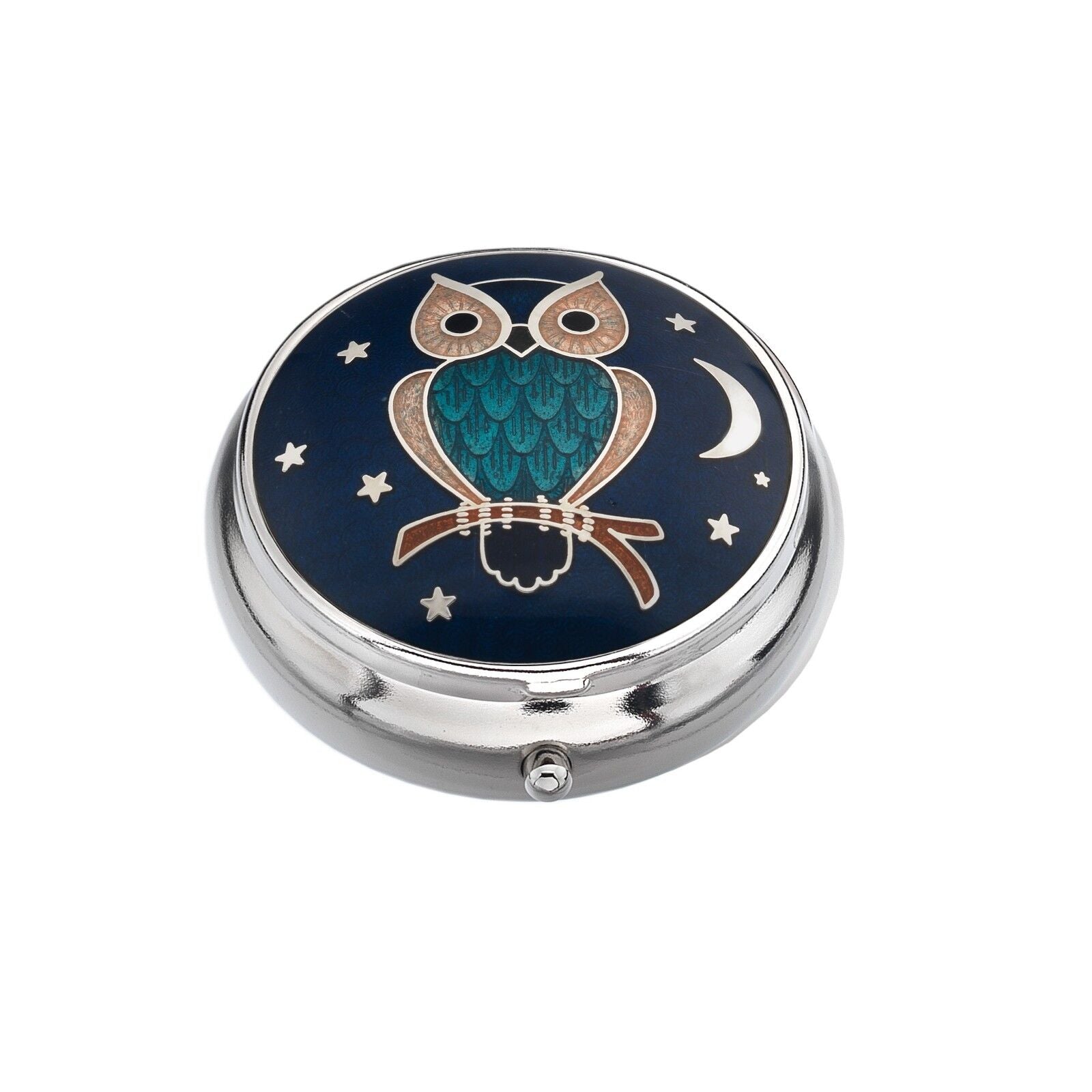 J R Jewellery silver plated owl pill box with blue enamel owl design with stars and moon on lid