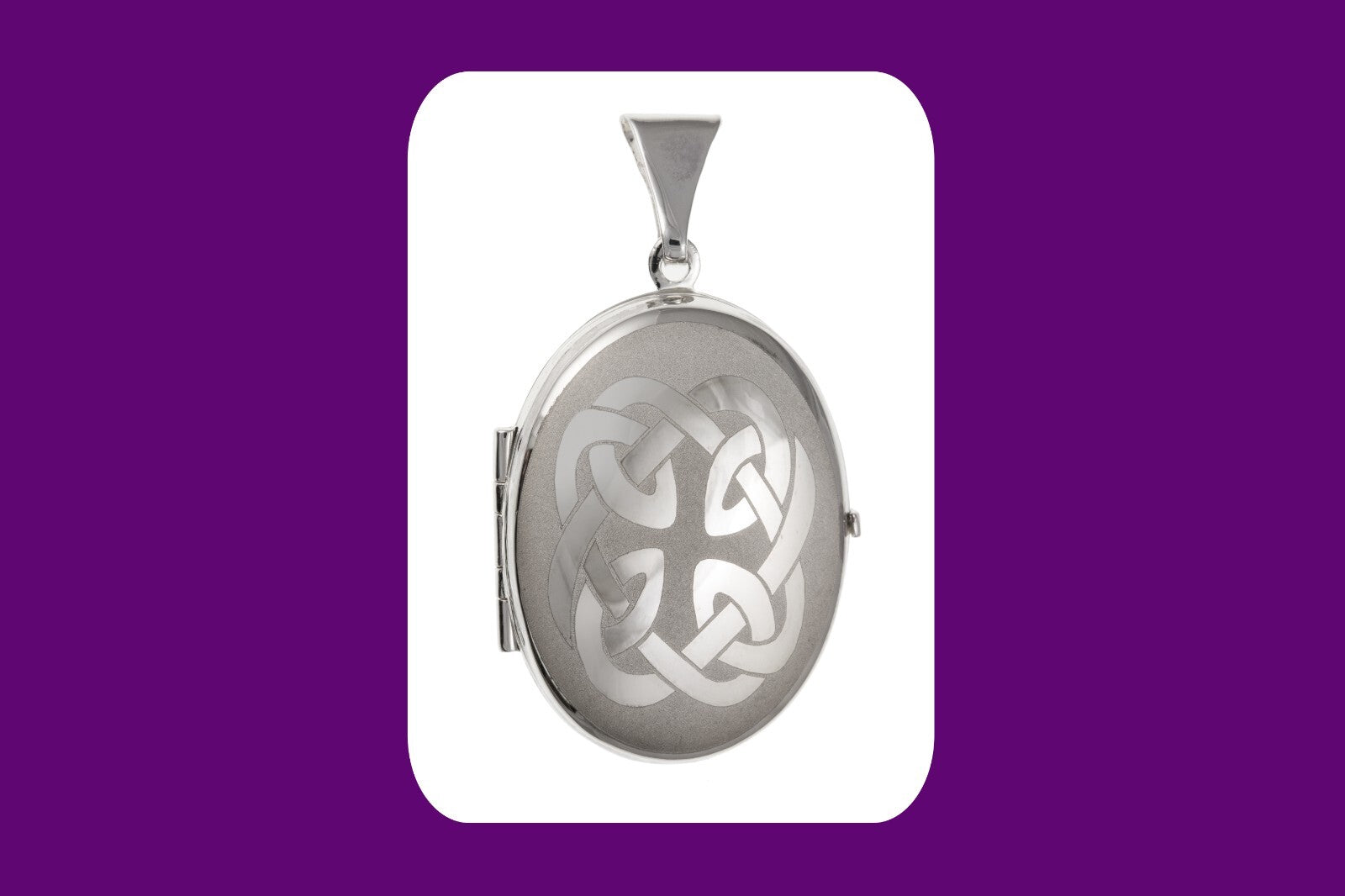 Celtic Oval Family Locket in polished silver with intricate knot design for cherished memories