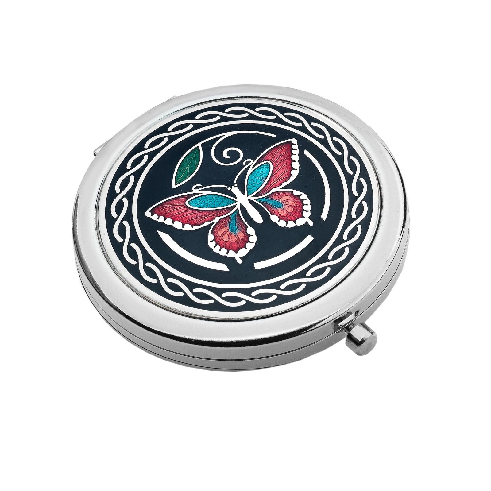 J R Jewellery silver plated butterfly compact mirror with enamelled red and turquoise butterfly on black background