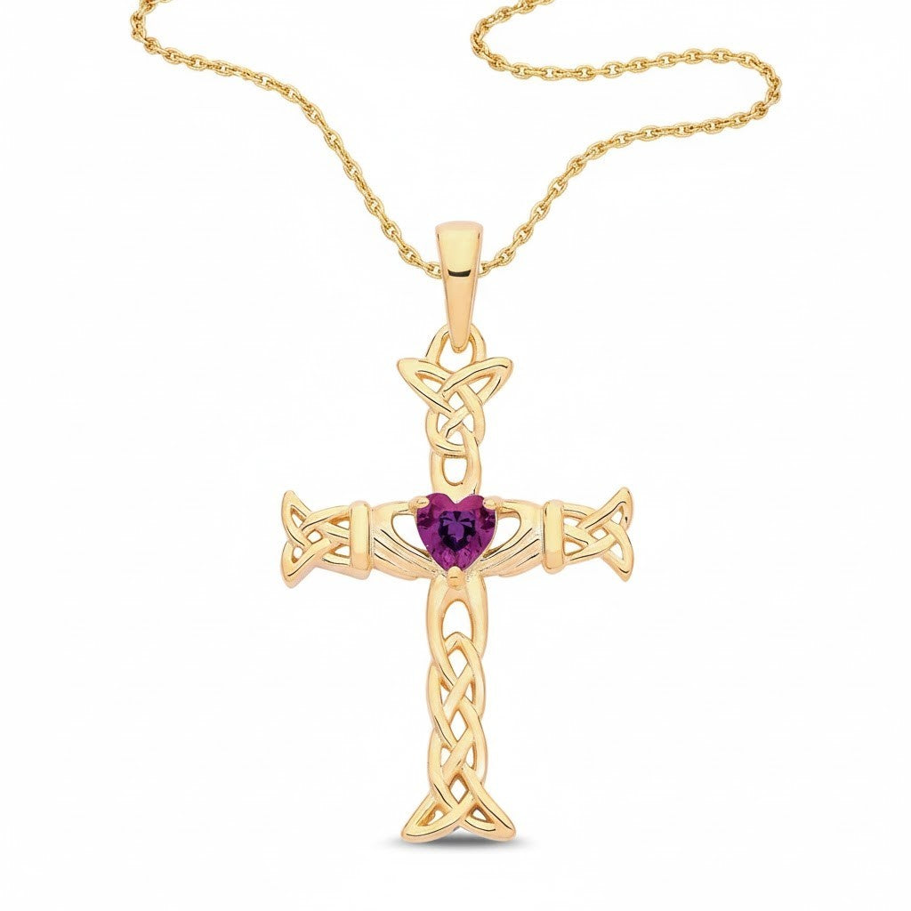 J R Jewellery Claddagh Celtic Cross Pendant in Gold with Amethyst Heart Stone