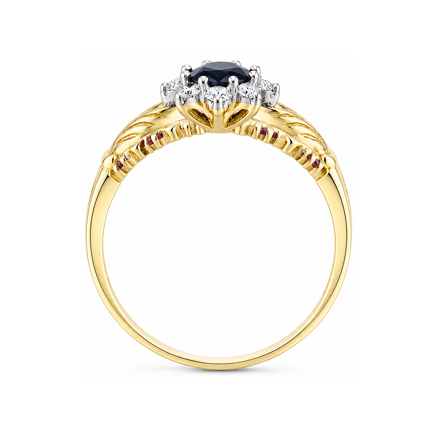 Elegant gold Claddagh Ring featuring a blue gemstone and intricate detailing by J R Jewellery