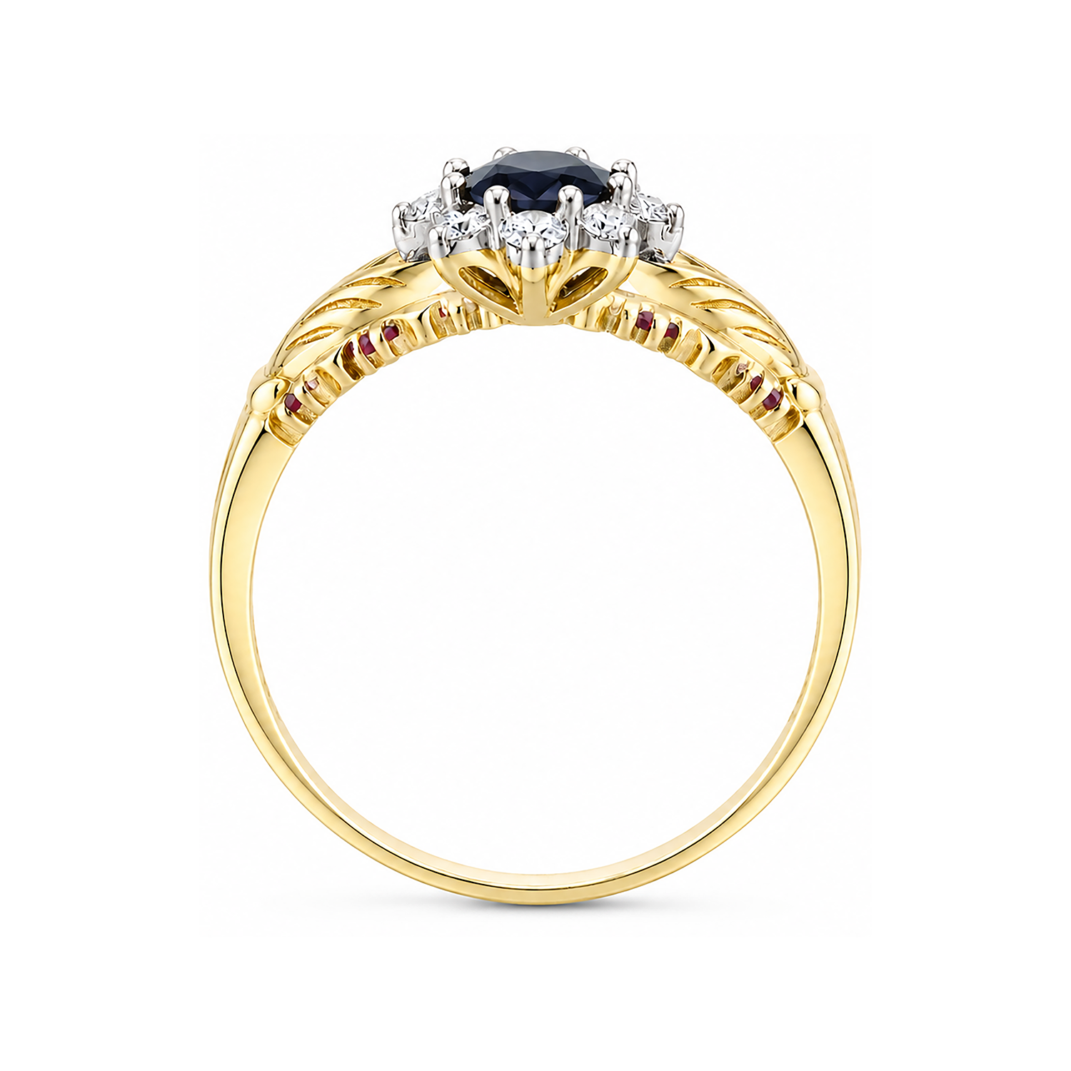 Elegant gold Claddagh Ring featuring a blue gemstone and intricate detailing by J R Jewellery