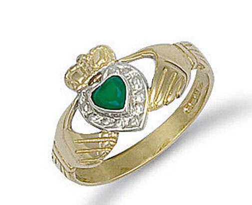 Gold Claddagh Ring with Green Heart and Silver Crown Detail for Elegant Accessory