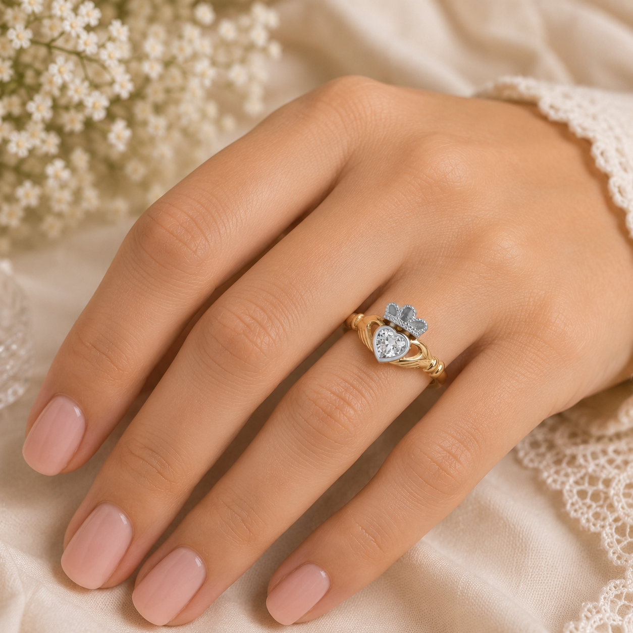 Elegant Claddagh Ring in silver with a heart and crown design, set on a delicate hand