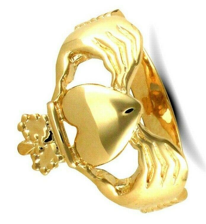 Gold J R Jewellery Claddagh Ring featuring hands holding a heart with a crown design