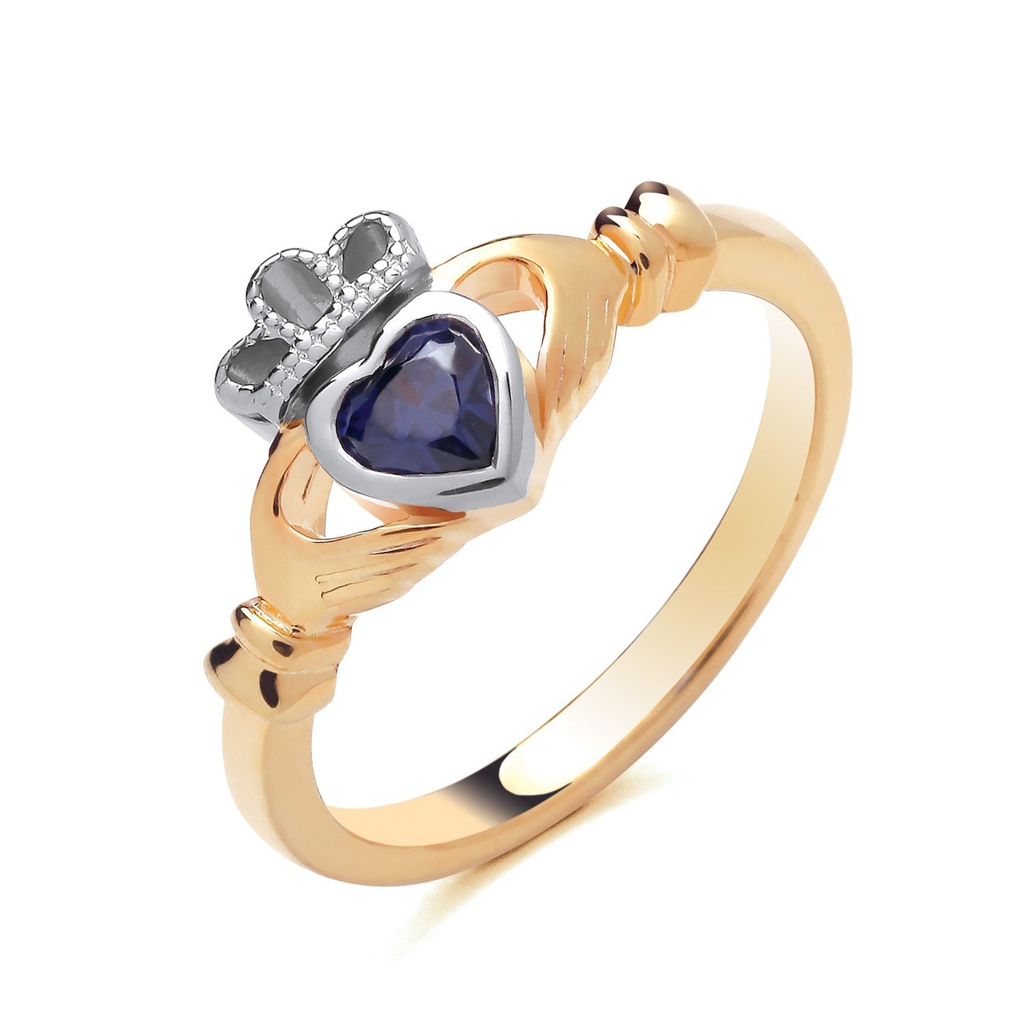 Gold Claddagh Ring with Heart-Shaped Blue Stone and Crown Design for Timeless Elegance