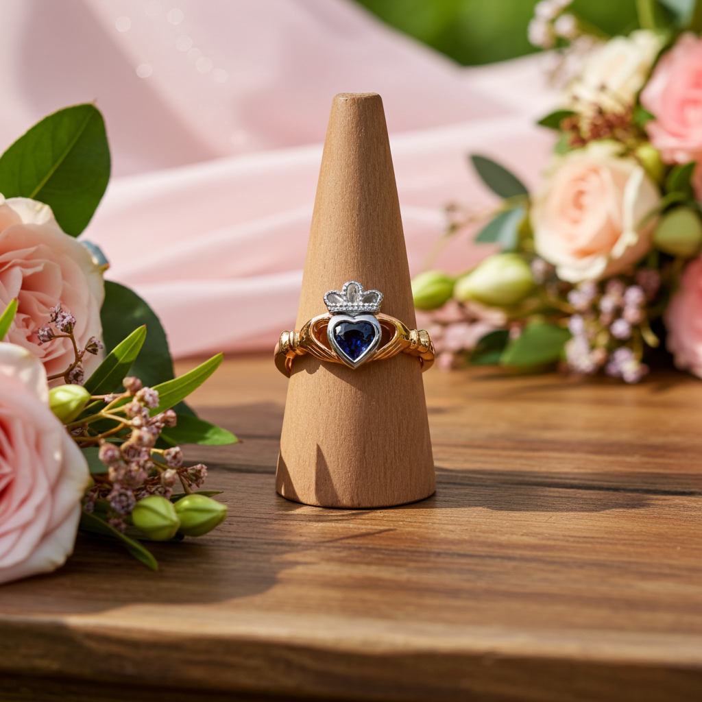 Elegant J R Jewellery Claddagh Ring with a blue gemstone and decorative crown setting