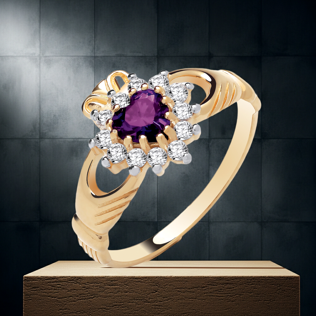 Elegant J R Jewellery Claddagh Ring with Purple Centre Stone and Sparkling Accents