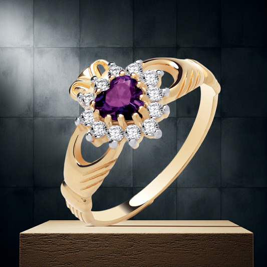 Elegant J R Jewellery Claddagh Ring with Purple Centre Stone and Sparkling Accents