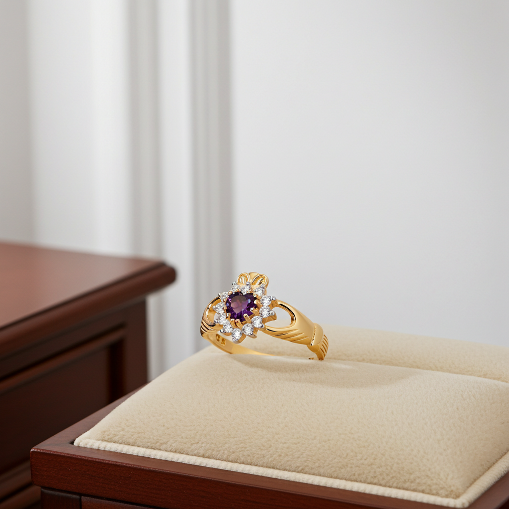 Elegant gold Claddagh Ring featuring a purple gemstone and sparkling diamonds on a display stand
