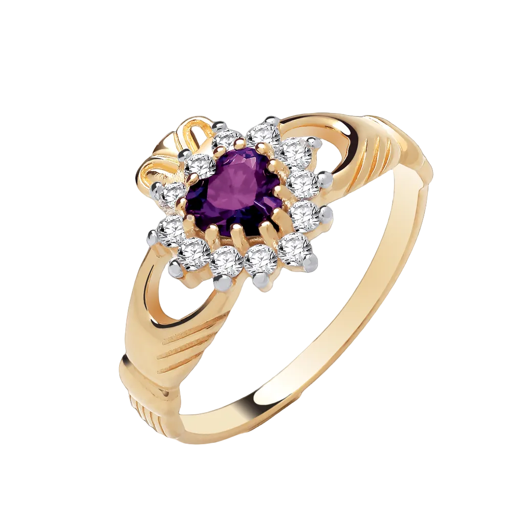 Gold Claddagh Ring featuring an amethyst centre stone and sparkling white gemstones surround