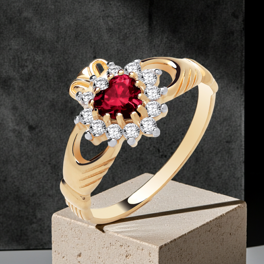 Gold Claddagh Ring with Red Stone Centre and Sparkling Accents for Elegant Style