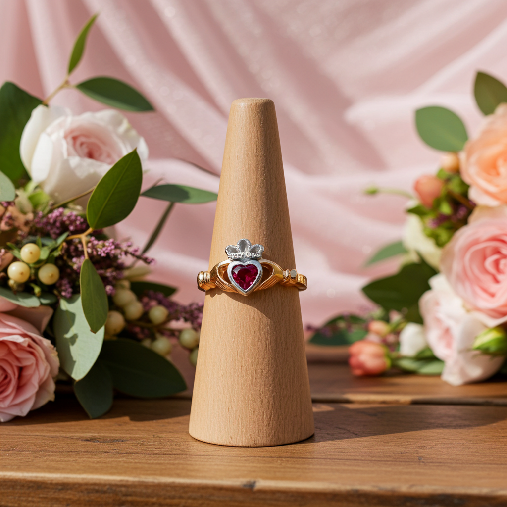 J R Jewellery Claddagh Ring in Gold with Heart-Shaped Red Stone and Silver Crown Detail