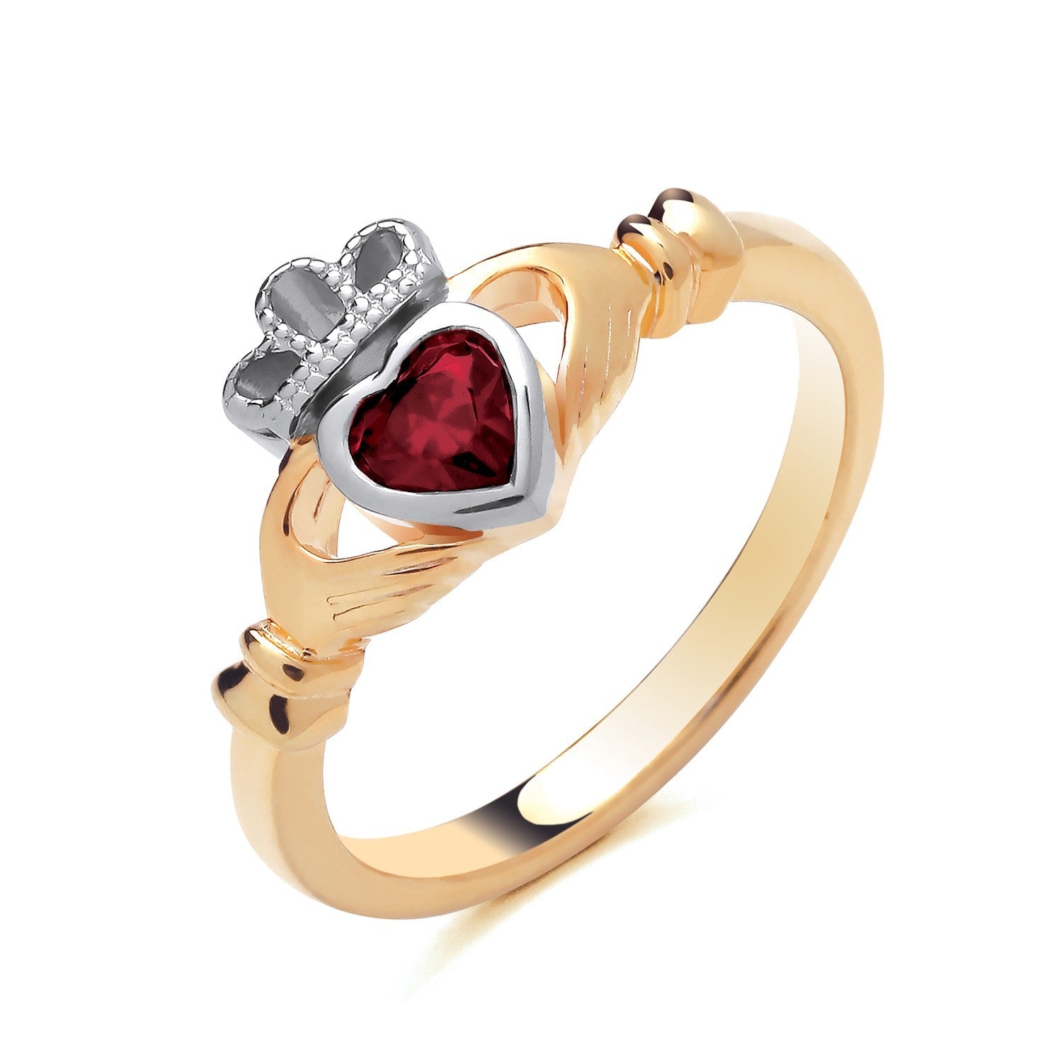 J R Jewellery Claddagh Ring featuring a red heart stone and crown design in gold tone