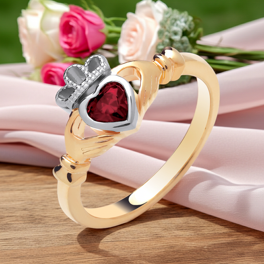 Elegant Claddagh Ring featuring a red heart stone and crowned design in gold and silver