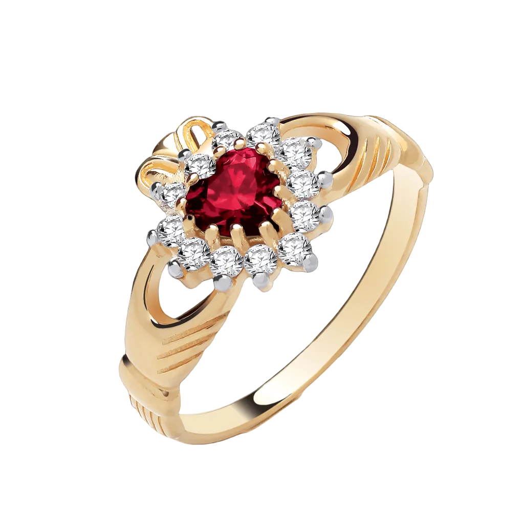 Elegant J R Jewellery Claddagh Ring with a Red Centre Stone and Crystal Accents in Gold Finish