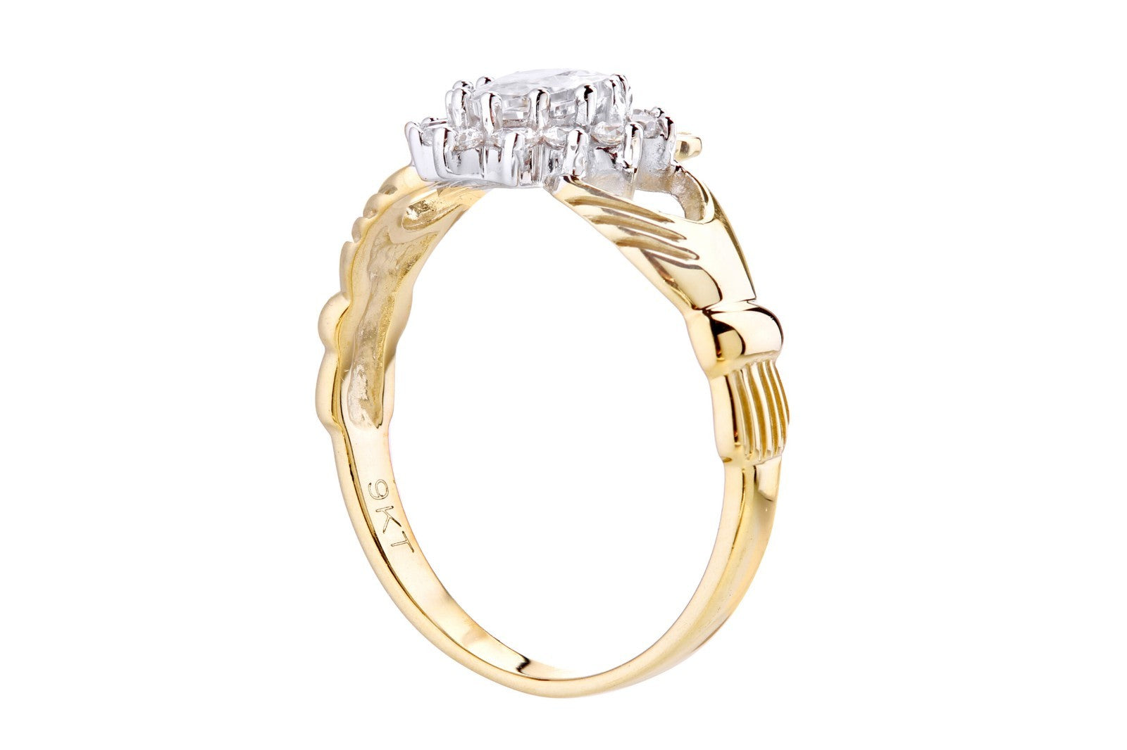 J R Jewellery Claddagh Ring in gold with a diamond-set heart and hands design