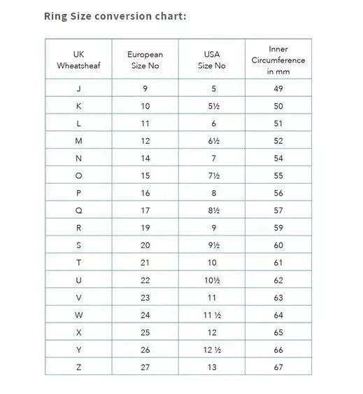 Ring size conversion chart for J R Jewellery showing UK, European, USA sizes and inner circumference in mm