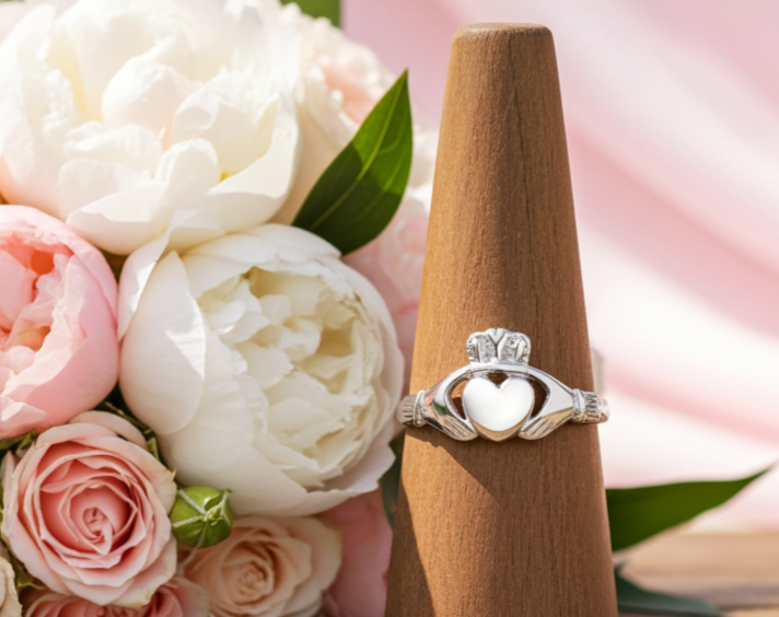 Claddagh Ring Solid Sterling Silver displayed with a bouquet of pink peonies and roses