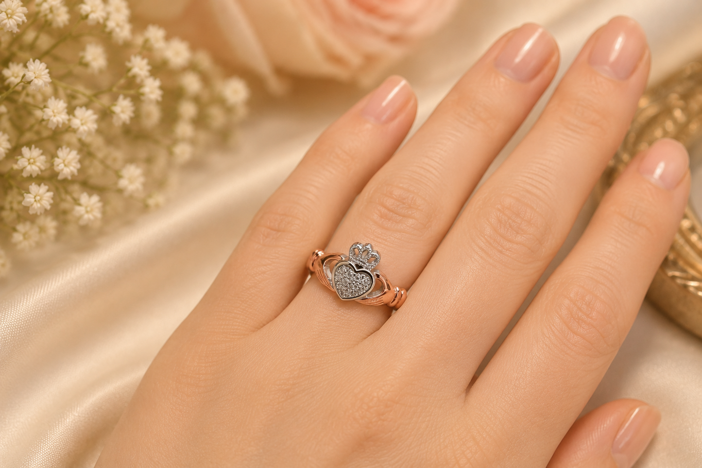 Silver Claddagh Ring with Heart and Crown Design, elegantly worn on a hand