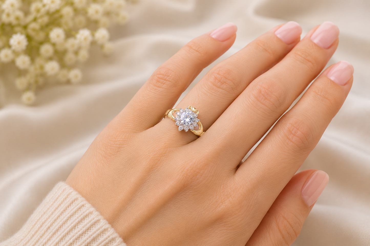 Elegant gold Claddagh Ring featuring sparkling centre stone, worn on a woman's hand