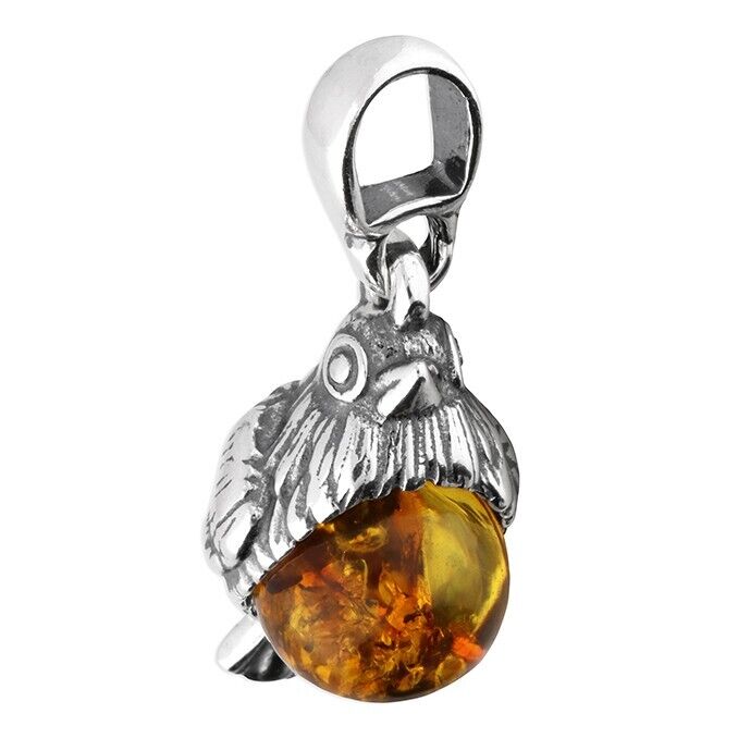 Cognac amber robin pendant from J R Jewellery with detailed silver bird design and amber stone
