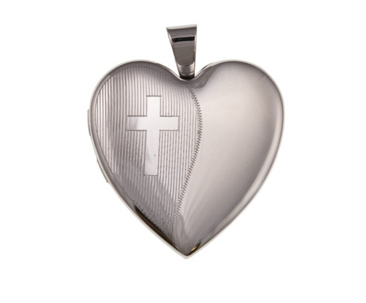 Elegant Cross Heart Family Locket in polished silver with engraved cross design