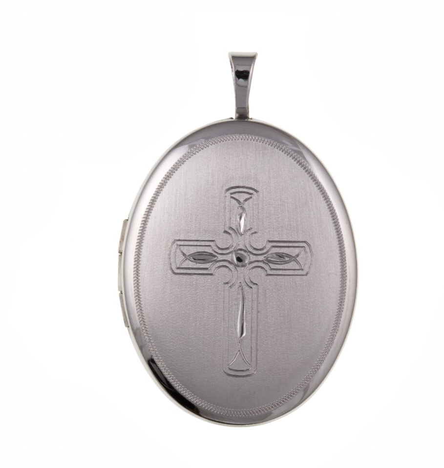 Elegant Cross Oval Locket by J R Jewellery featuring a beautifully engraved cross design
