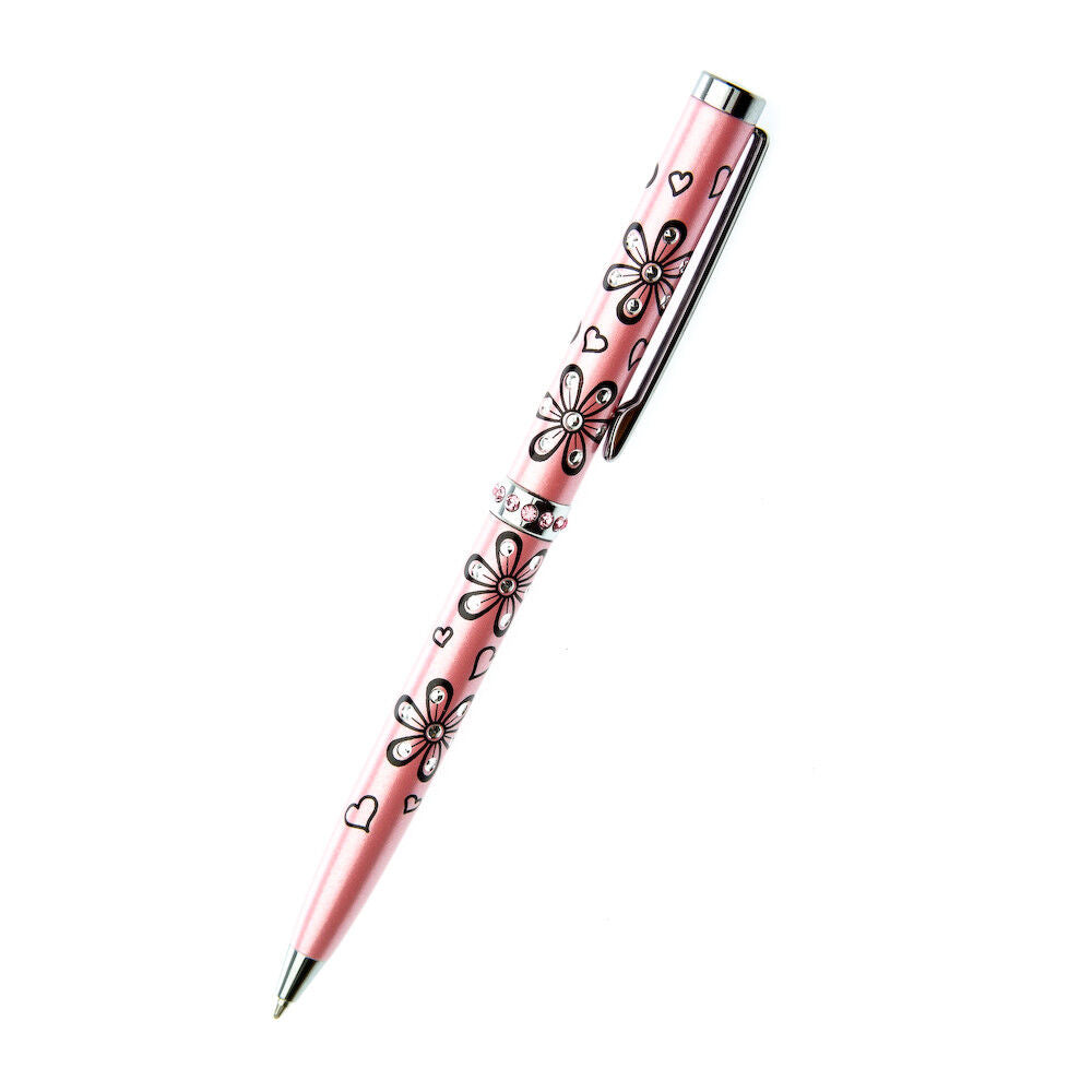 Pink crystal flower ballpoint pen with floral and heart design by J R Jewellery
