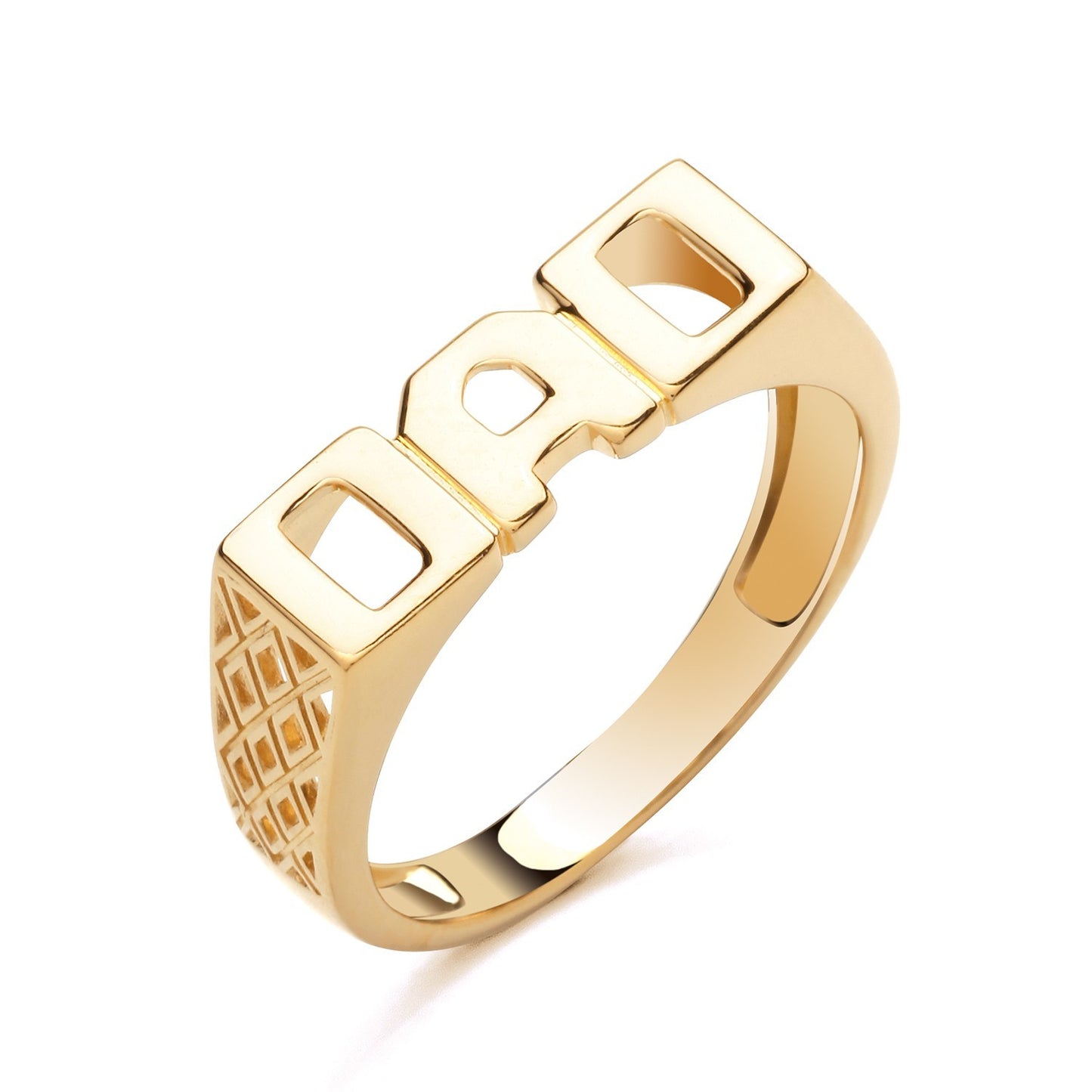 DAD Ring 18ct Yellow Gold On Solid Sterling Silver with a modern design featuring cut-out lettering