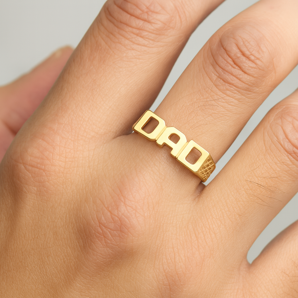 DAD Ring 18ct Yellow Gold On Solid Sterling Silver showcased on a finger for special occasions