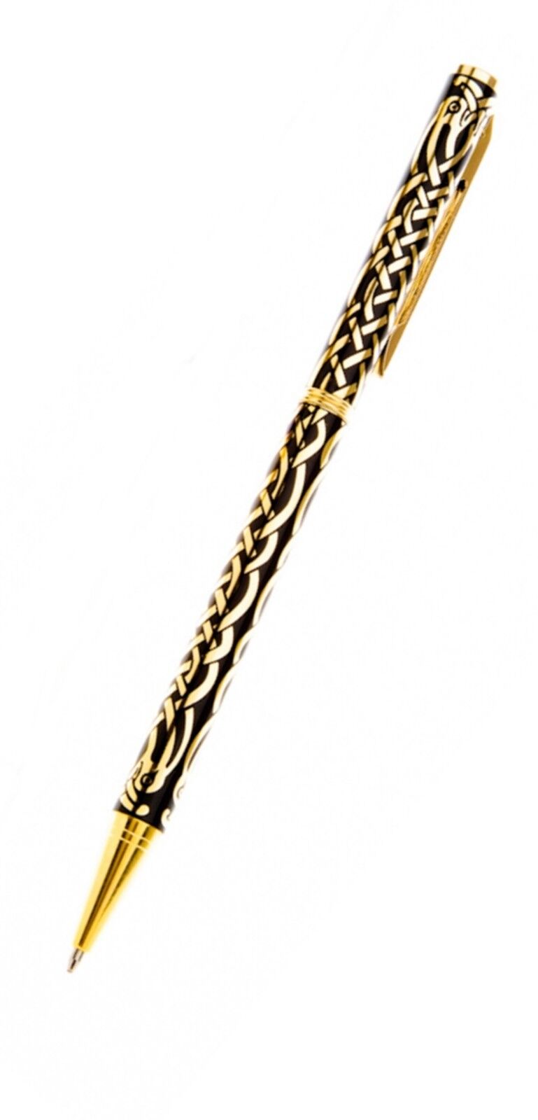 J R Jewellery designer Celtic ballpoint pen with intricate black and gold knotwork design
