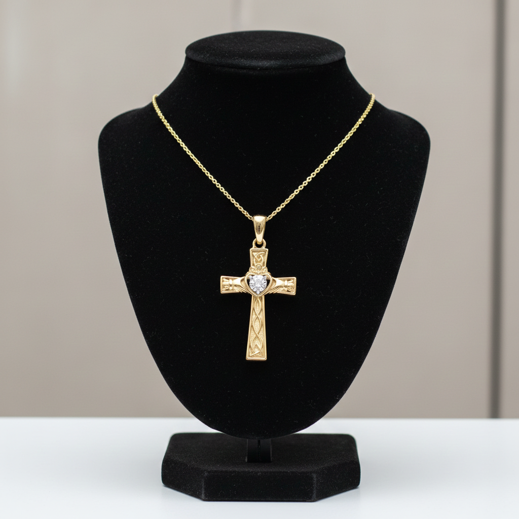 Diamond Claddagh Cross Pendant in gold on a display stand showcasing intricate design