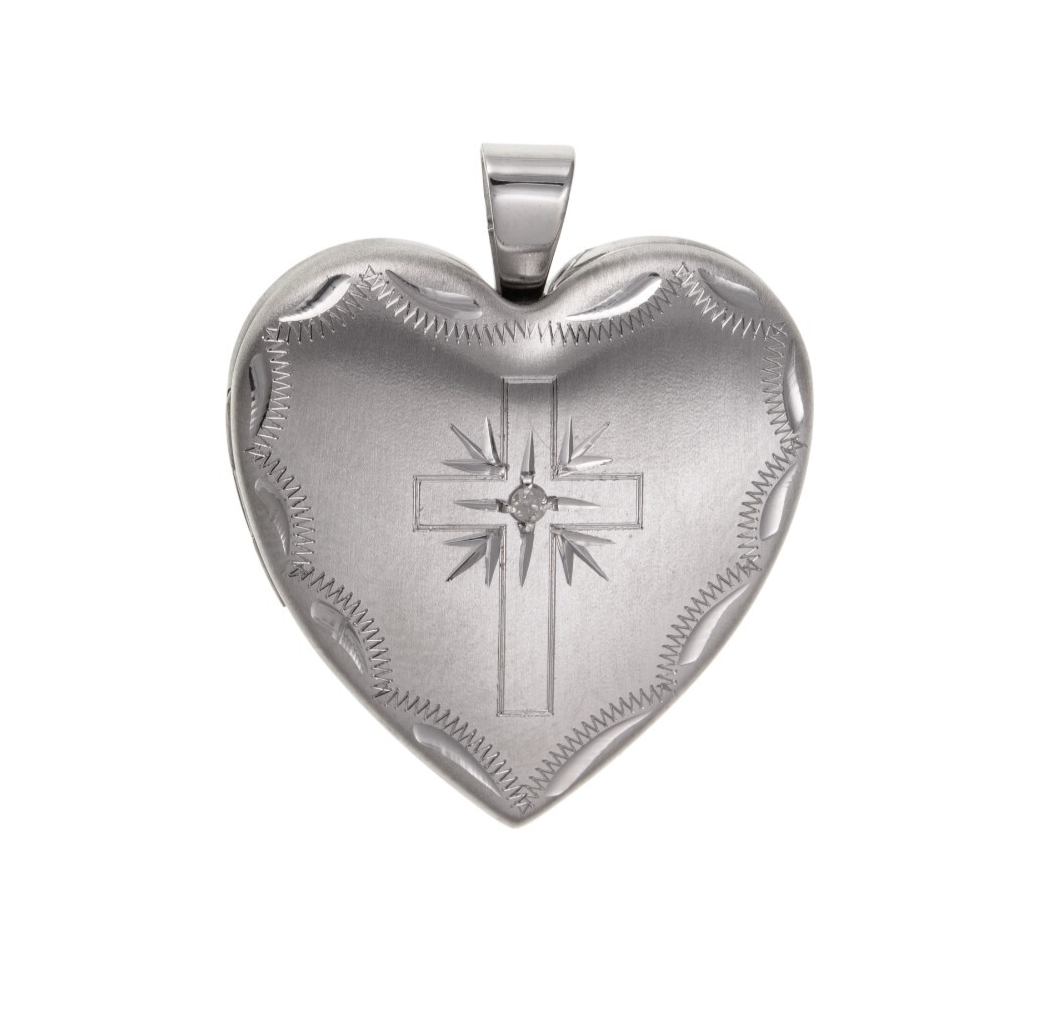 Diamond Cross Heart Family Locket in silver finish with intricate engraved design
